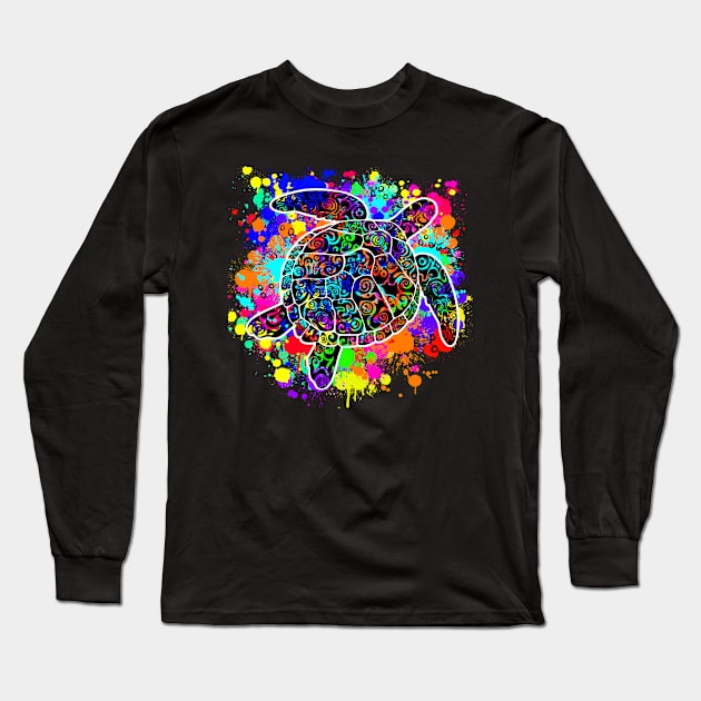 Rainbow Splatter Sea Turtle Long Sleeve T-Shirt by Designs by Darrin